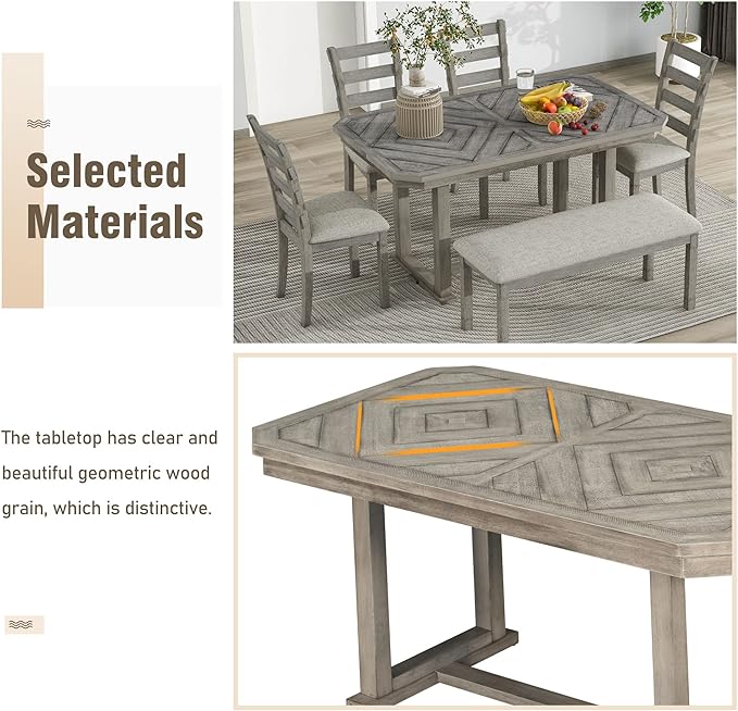 Dining Table Set for 6, 6-Piece Rubber Wood Dining Table Set with Beautiful Wood Grain Pattern Tabletop and Soft Cushion, Dining Room Table Set for Living Room, Kitchen, Antique Grey - LeafyLoom
