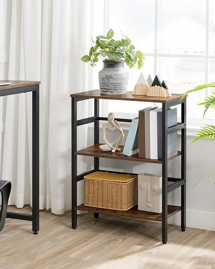 HOOBRO 3 Tier Bookshelf, Industrial Bookcase, Record Storage Rack with Side Fence, Wood Storage Shelf with Metal Frame, Rustic Open Display Shelf for Living Room, Bedroom, Rustic Brown BF86CJ01 - LeafyLoom