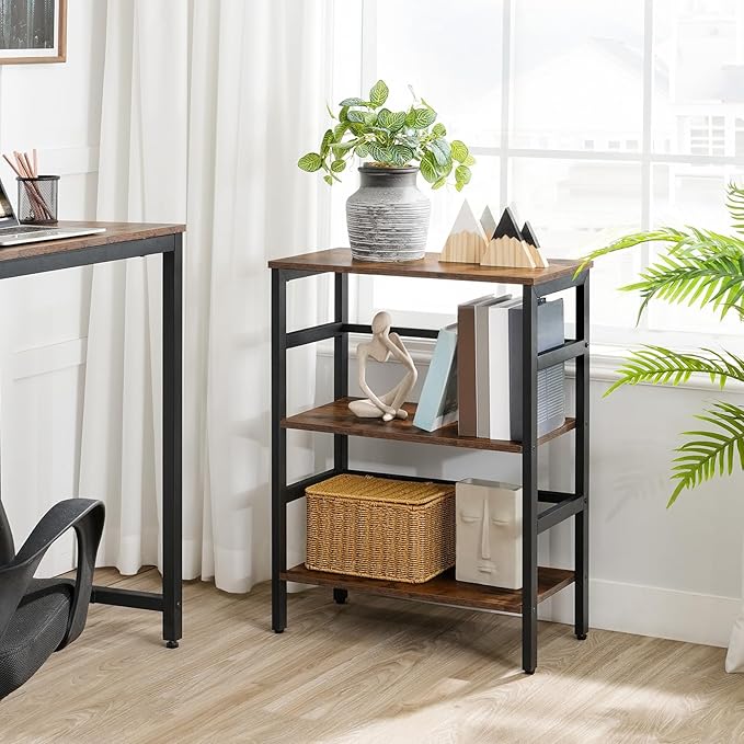 HOOBRO 3 Tier Bookshelf, Industrial Bookcase, Record Storage Rack with Side Fence, Wood Storage Shelf with Metal Frame, Rustic Open Display Shelf for Living Room, Bedroom, Rustic Brown BF86CJ01 - LeafyLoom