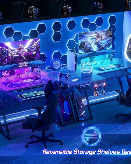 Small Gaming Desk with Shelves and Outlets, L Shaped Gaming Desk with LED Lights, Reversible L Shaped Computer Desk for Gamer, Carbon Fiber Black, 39"-11 - LeafyLoom