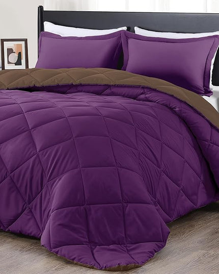 downluxe King Size Comforter Set - Purple and Brown King Comforter, Soft Bedding Comforter Sets for All Seasons, King Comforter Set - 3 Pieces - 1 Comforter (104"x92") and 2 Pillow Shams(20"x36") - LeafyLoom