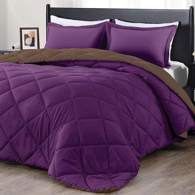 downluxe King Size Comforter Set - Purple and Brown King Comforter, Soft Bedding Comforter Sets for All Seasons, King Comforter Set - 3 Pieces - 1 Comforter (104"x92") and 2 Pillow Shams(20"x36") - LeafyLoom