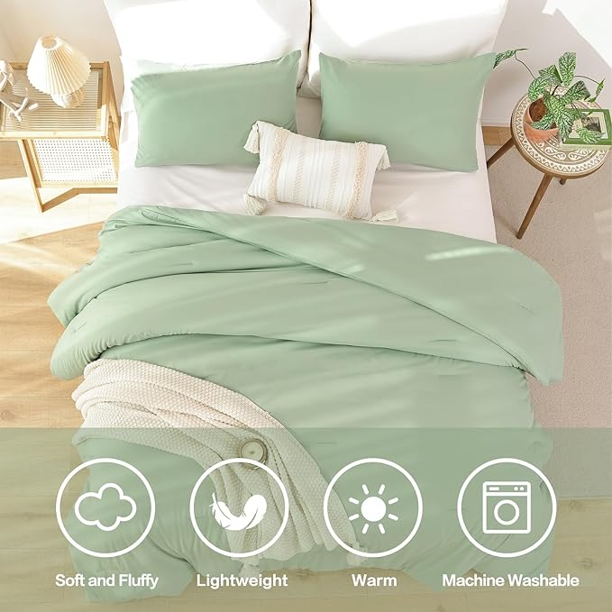 ROSGONIA Queen Comforter Set Sage Green, 3pcs Bedding Sets Queen (1 Boho Sage Comforter& 2 Pillowcases), All Season Lightweight Blanket Quilt - LeafyLoom