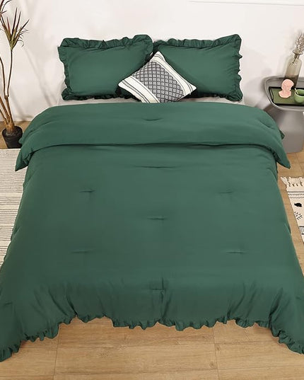 JANZAA King Size Comforter Set Emerald Comforter Set 3PCS (1 Ruffled Comforter Set and 2 Pillowcases) Fluffy Comforter Set Vintage Farmhouse Shabby Chic Bedding Soft All Season - LeafyLoom