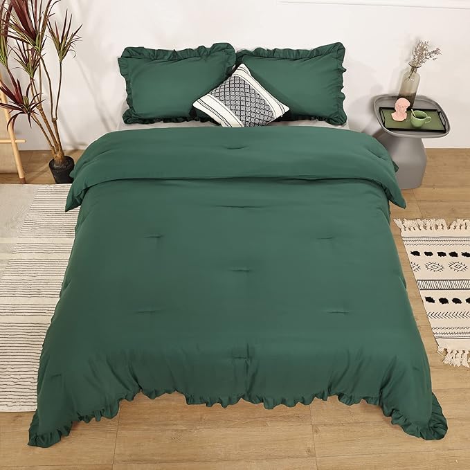 JANZAA Twin Comforter Set Emerald Comforter Set 2PCS (1 Ruffled Comforter Set and 1Pillow case) Fluffy Comforter Set Vintage Farmhouse Shabby Chic Bedding Soft All Season - LeafyLoom