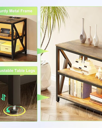 Lvifur LED TV Stand for 65 70 75 inch TV, Auto Sensor Entertainment Center with RGB Dimmable Lights, TV Console Table with Open Storage Shelves and Metal Frame (Rustic Brown) - LeafyLoom