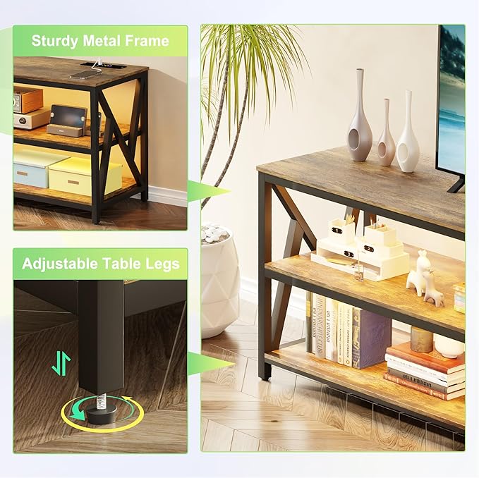 Lvifur LED TV Stand for 65 70 75 inch TV, Auto Sensor Entertainment Center with RGB Dimmable Lights, TV Console Table with Open Storage Shelves and Metal Frame (Rustic Brown) - LeafyLoom
