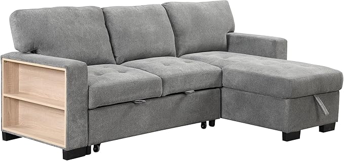 85.2“ L-Shape Sectional Sleeper Sofa with Pull out Bed and Drop Down Table, Velvet Upholstered Couch w/Storage Rack in Arm &USB Charge, for Living Room Apartment, 85.2 Inch, Gray - LeafyLoom
