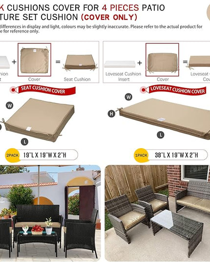 ClawsCover 3Pack Outdoor Seat Cushions Replacement Covers Fit for 4 Pieces Wicker Rattan Furniture Patio Conversation Set Loveseat Chair, 38x19x2,19x19x2,Light Khaki-Large(Include Cover Only) - LeafyLoom