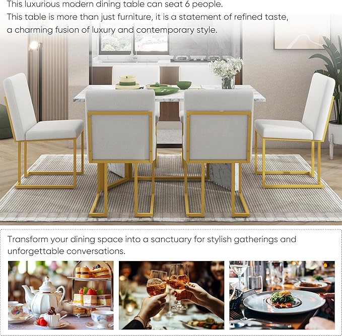 60 Inch Dining Table Set for 6, Modern Dining Room Table Set with Artificial Marble Sticker Tabletop and 6 Upholstered Linen Chair with Golden Steel Legs for Living Room, White+Gold - LeafyLoom