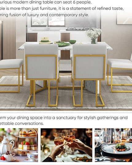7-Piece Modern Dining Table Set, Artificial Marble Sticker Tabletop and 6 Upholstered Linen Chairs All with Golden Steel Legs for Dinette Room and Kitchen (White+Gold), 60" L x 36" W x 30" H - LeafyLoom