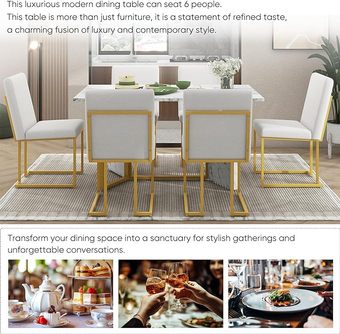 7-Piece Modern Dining Table Set, Artificial Marble Sticker Tabletop and 6 Upholstered Linen Chairs All with Golden Steel Legs for Dinette Room and Kitchen (White+Gold), 60" L x 36" W x 30" H - LeafyLoom