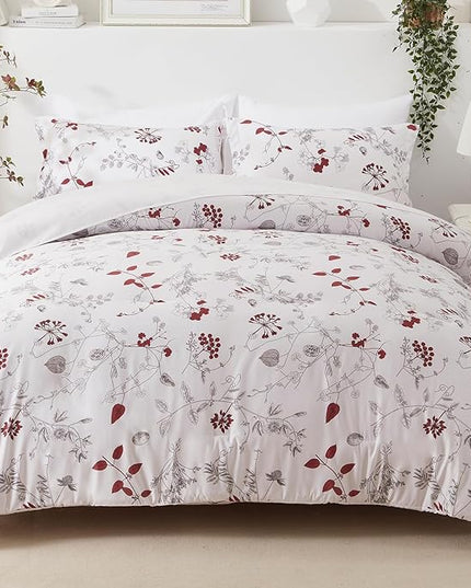 EMME Twin Comforter Set - Red Floral Bedding Set 5 PCS with Flowers Leaves Pattern, Soft Plant Printed Botanical Bed Set with Sheets, Fluffy Bed Bag for All Season(68"X90") - LeafyLoom
