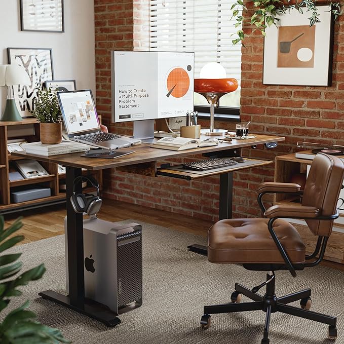 Height Adjustable Desk with Keyboard Tray, 55 x 24 Inches Electric Standing Desk, Stand up Computer Table with Memory Preset, Modern Lift Motorized Gaming Workstation, Rustic Brown - LeafyLoom