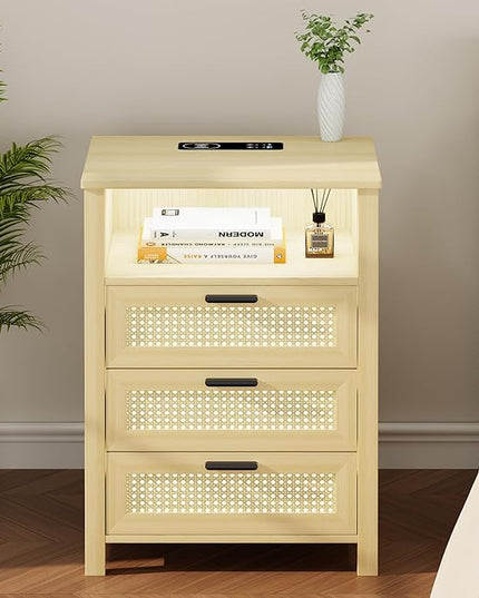 Rattan Nightstand with Charging Station, Night Stand with 3 Drawers and Open Shelf, Bed Side Table with LED Lights for Bedroom, Living Room, Natural Wood - LeafyLoom