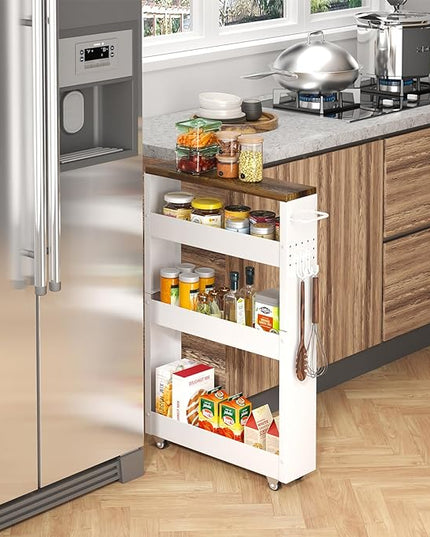 Slim Storage Cart, 4-Tier Kitchen Rolling Cart Narrow Storage Cabinet with Handle & Wood Top, Metal Rolling Shelf Unit for Kitchen Bathroom Laundry Small Places(5 in Width/White & Brown) - LeafyLoom