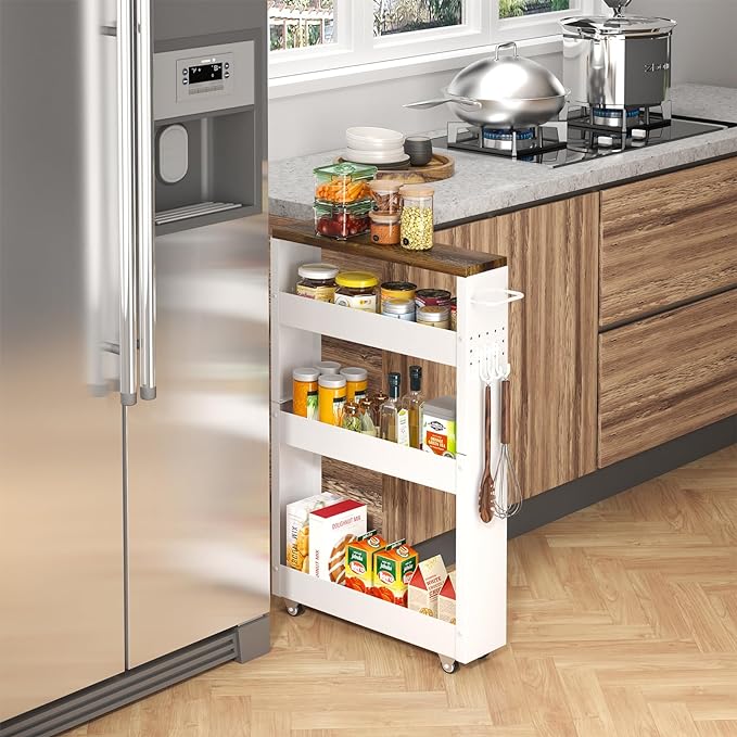 Slim Storage Cart, 4-Tier Kitchen Rolling Cart Narrow Storage Cabinet with Handle & Wood Top, Metal Rolling Shelf Unit for Kitchen Bathroom Laundry Small Places(5 in Width/White & Brown) - LeafyLoom