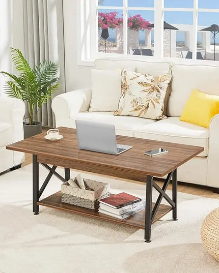 GreenForest Coffee Table Large 43.3 x 23.6 inch Farmhouse Rustic with Storage Shelf for Living Room, Easy Assembly, Walnut - LeafyLoom