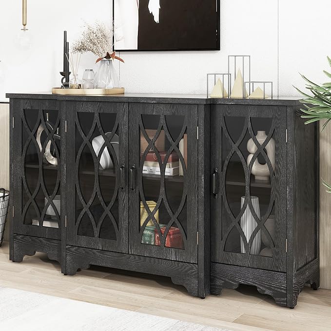 58" Retro Sideboard Glass Door with Curved Line Design,Wood Ample Storage Cabinet,W/Black Handle and Three Adjustable Shelves,for Dining Living Room Entryway - LeafyLoom