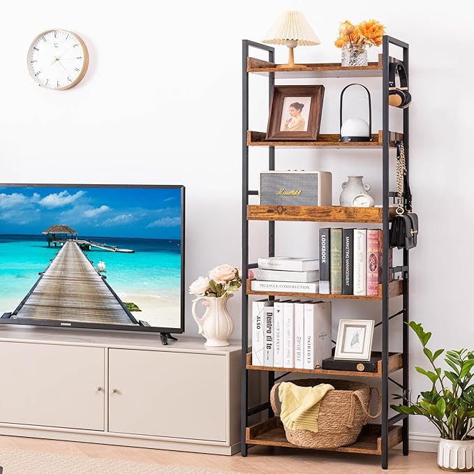 HCHQHS Adjustable 6 Tier Open Bookcase, Rustic Farmhouse Book Shelves, Industrial Wood and Black Metal Bookshelves, Mid Century Bookcase for Home Office Living Room Bedroom - LeafyLoom