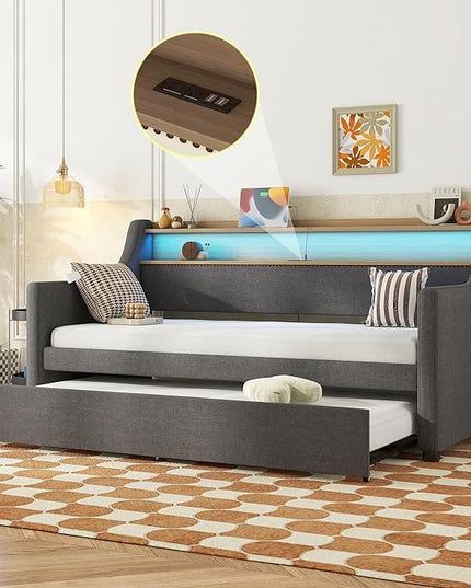 Twin Size Upholstered Daybed with Trundle, Twin Linen Sofa Bed Daybed with Charging Station and LED Lights, Day Bed Frame w/Headboard & Wood Slat Support for Bedroom, Living Room, Gray - LeafyLoom