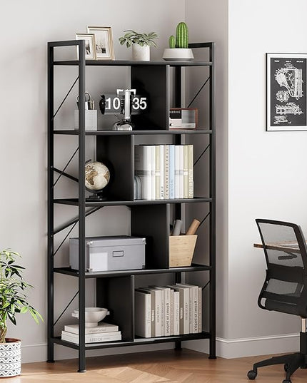 5 Tier Bookshelf with Storage, 61 Inch Tall Industrial Book Shelf with Open Display Bookshelves, 5 Shelf Bookcase with Metal Frame for Living Room, Bedroom and Home Office-Black - LeafyLoom