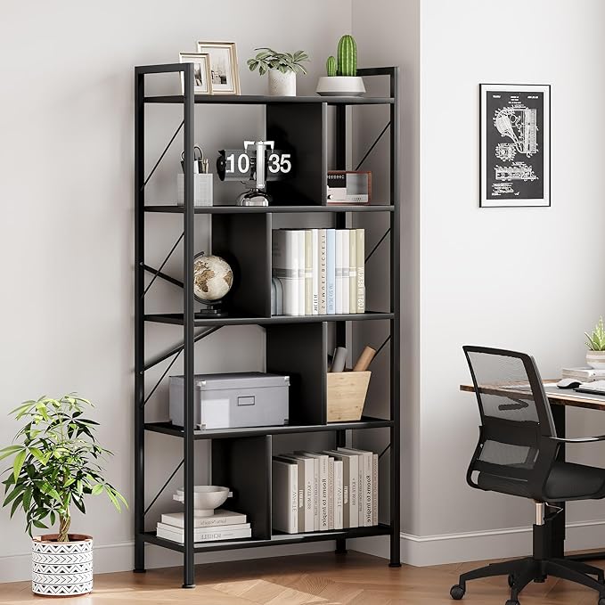 5 Tier Bookshelf with Storage, 61 Inch Tall Industrial Book Shelf with Open Display Bookshelves, 5 Shelf Bookcase with Metal Frame for Living Room, Bedroom and Home Office-Black - LeafyLoom