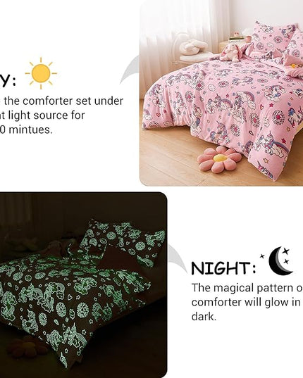 Mooreeke Glow in The Dark Full Plush Fleece Comforter Bed Set, Soft & Warm 3 Piece Bed in A Bag with Sham, Velour Velvet Pink Unicorn Girls Kids Bedding Set, Fluffy Fuzzy Polar Cozy and Stylish - LeafyLoom