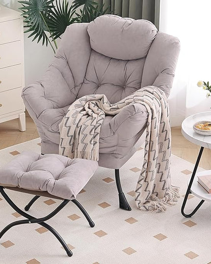 Lazy Chair with Ottoman, Modern Chair with Folding Footrest, Lounge Accent Chair, Comfortable Reading Chair, Oversized Armchairs for Bedroom, Study, Living Room, Courtyard (Light Grey) - LeafyLoom