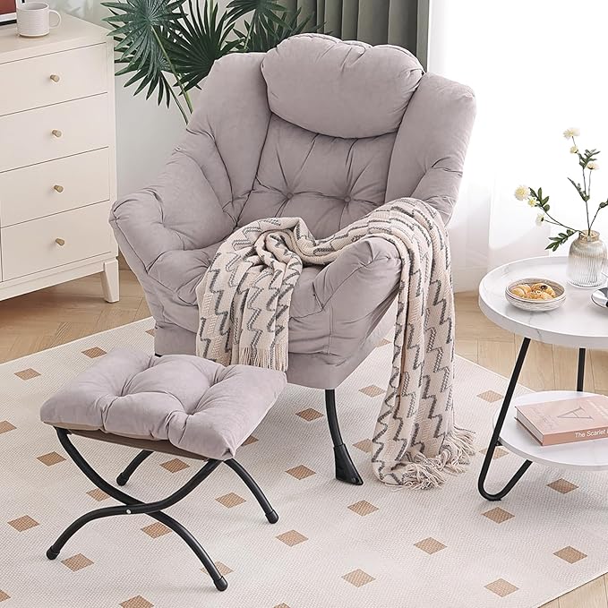 Lazy Chair with Ottoman, Modern Chair with Folding Footrest, Lounge Accent Chair, Comfortable Reading Chair, Oversized Armchairs for Bedroom, Study, Living Room, Courtyard (Light Grey) - LeafyLoom
