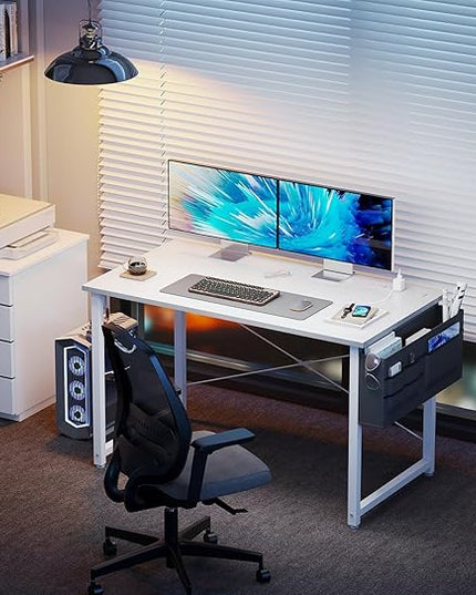 KKL Small Desk with Power Outlets and USB Port Computer Desk for Home Office Gaming Simple Modern Style Writing Desks with Storage Bag Headphone Hook, 40 inch, White - LeafyLoom