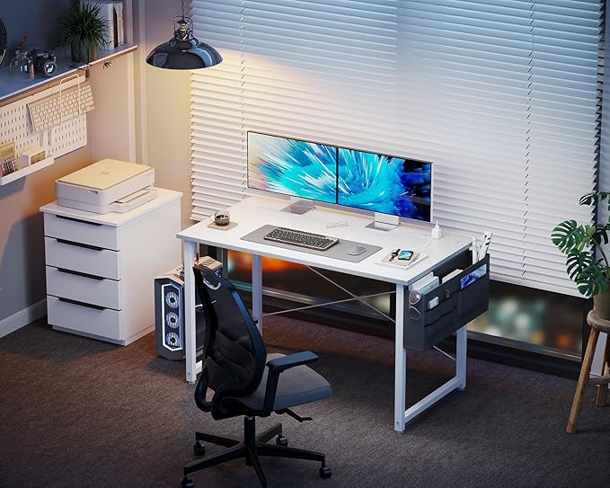KKL Small Desk with Power Outlets and USB Port Computer Desk for Home Office Gaming Simple Modern Style Writing Desks with Storage Bag Headphone Hook, 40 inch, White - LeafyLoom