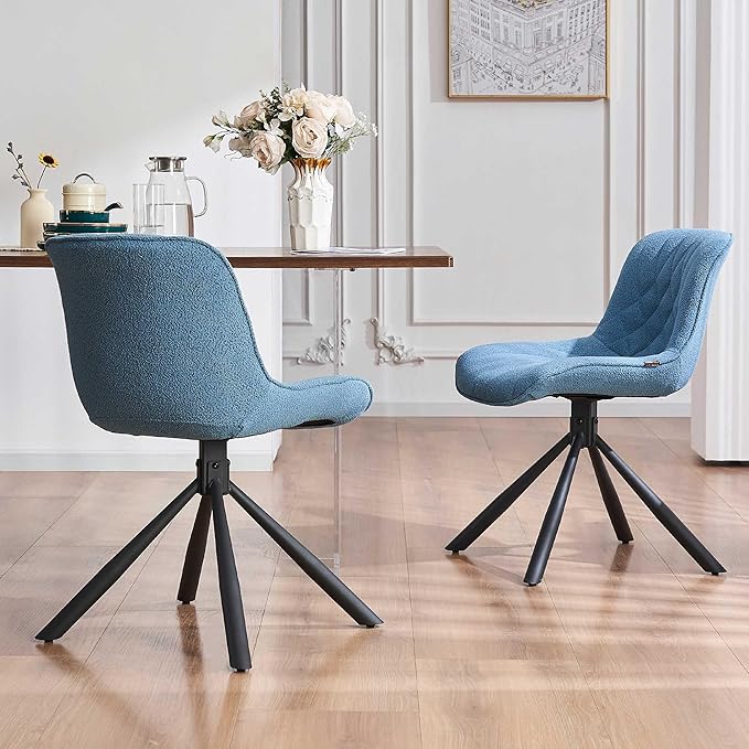 Mid Century Modern Dining Chairs Set of 2, Upholstered Dining Room Chairs with Sturdy Metal Legs, Boucle Armless Accent Side Chairs for Kitchen, Living Room, Lake Blue - LeafyLoom