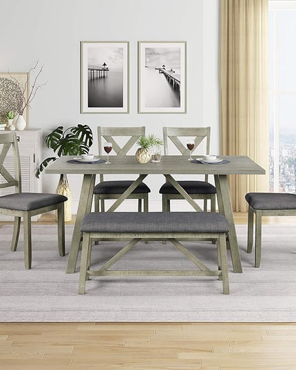 Rustic Style Spacious 4 Chair and Multifunctional Bench, Long-Lasting Solid Rubber Wood Room, Kitchen, 6 Piece Dining Table Set, Gray 8 - LeafyLoom