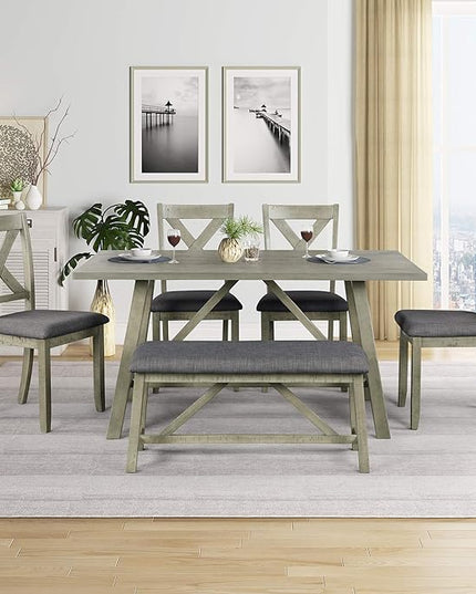 6-Piece Wood Rectangle Dining Table Set with Bench and 4 Upholstered Chairs for Kitchen Living Room, Farmhouse Rustic Style, Gray, 60" L x 36" W x 29.9" H - LeafyLoom