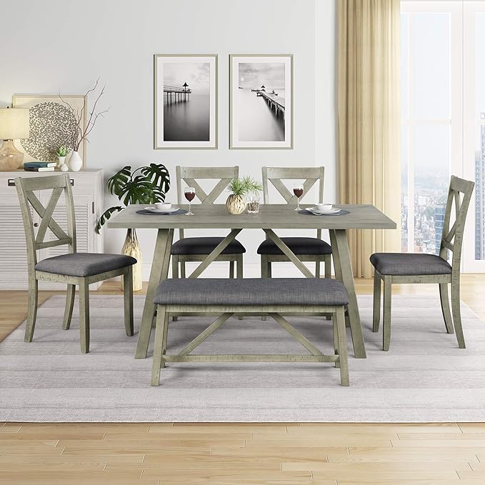 6-Piece Wood Rectangle Dining Table Set with Bench and 4 Upholstered Chairs for Kitchen Living Room, Farmhouse Rustic Style, Gray, 60" L x 36" W x 29.9" H - LeafyLoom