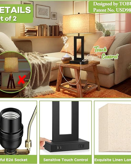 Set of 2 Touch Control Table Lamp with 2 USB Ports, 3-Way Dimmable Modern Nightstand Lamp Sets Bedside Touch Desk Lamp with Fabric Cream Shade For Bedroom Table Living Room Reading, Included Bulbs - LeafyLoom