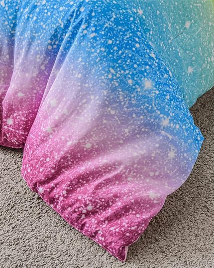Holawakaka Kids Space Star Glitter Comforter Set Ombre Multi-color Print Gradient Bedding Set Full Size (Multi-color, Full) - LeafyLoom