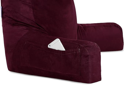 Husband Pillow XXL Aspen Edition, Adult Reading Sit Up Bed Rest Pillow for Bed with Arms & Neck Roll on Bungee Cord - Premium Memory Foam - Reversible 2 Sided Cover Micro Suede or Plush, Mauve Purple - LeafyLoom