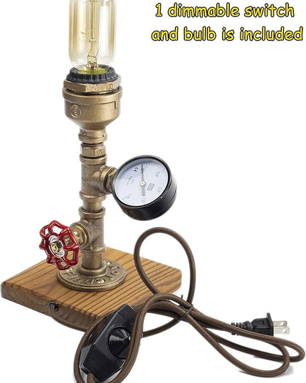 Steampunk Lamp with Dimmer, Dimmable Loft Style Industrial Vintage Antique Style Light with Bulb, Wood Base with Iron Piping Desk Lamp, Retro Desk Lamp LL-025 - LeafyLoom