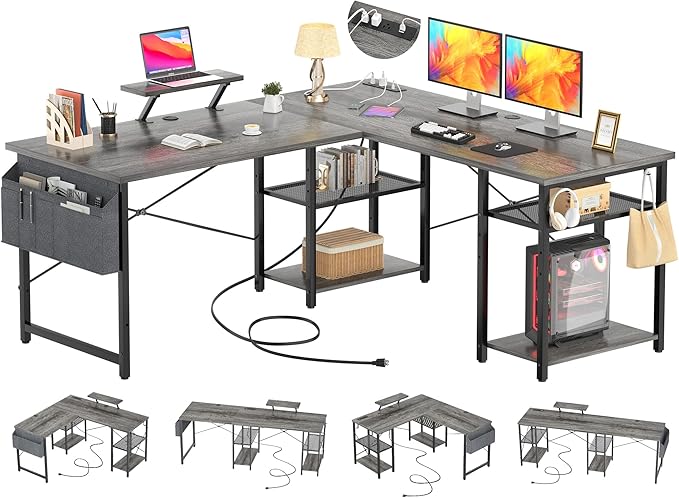 Aheaplus L Shaped Desk with Outlet and USB Charging Ports, L-Shaped Desk with Storage Shelves Reversible Corner Computer Desk 2 Person Long Table with Monitor Stand Gaming Home Office Desk, Oak - LeafyLoom