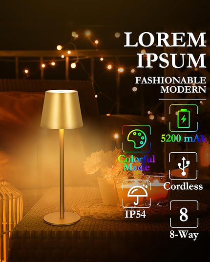 2-Pack Gold RGB Cordless Table Lamp, 5200mAh RGB 8 Modes & Touch Control Rechargeable Battery Desk Lamp, IP54 Waterproof outdoor table lamp for Bedroom/Outdoor/Restaurant/Camping/Bars(Gold) - LeafyLoom