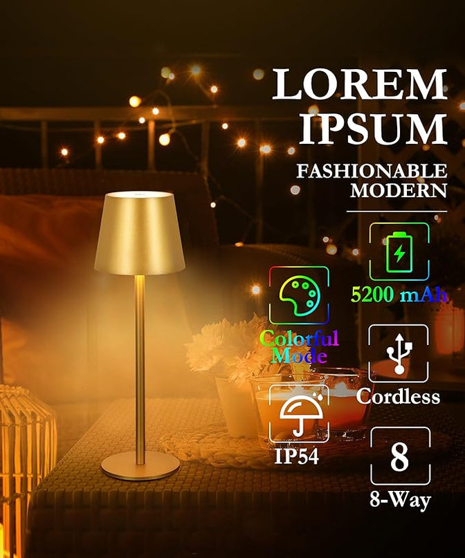 2-Pack Gold RGB Cordless Table Lamp, 5200mAh RGB 8 Modes & Touch Control Rechargeable Battery Desk Lamp, IP54 Waterproof outdoor table lamp for Bedroom/Outdoor/Restaurant/Camping/Bars(Gold) - LeafyLoom