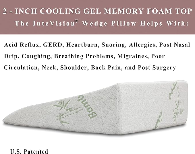 InteVision Foam Bed Wedge Pillow (26" x 25" x 7.5") and Headrest Set, 2" Memory Foam Top - Helps Relief from Acid Reflux, Post Surgery, Snoring - LeafyLoom