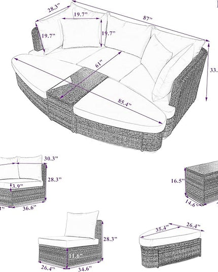 6-Piece Patio Round Sofa Set Rattan Daybed with Coffee Table and Cushions, Outdoor Furniture Conversation Sectional Seating Group for Garden, Poolside, Backyard, Onesize, Beige - LeafyLoom