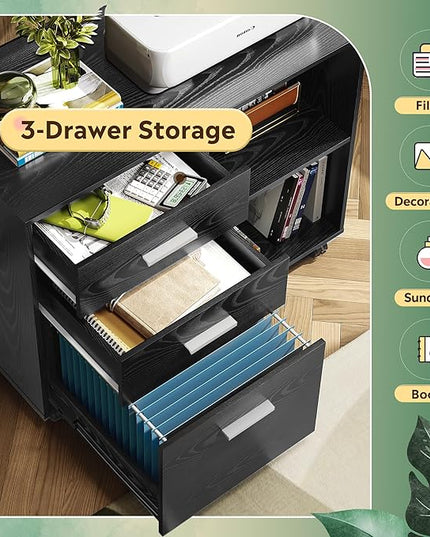 DEVAISE 3-Drawer Wood File Cabinet, Mobile Lateral Filing Cabinet, Printer Stand with Open Storage Shelves for Home Office, Black - LeafyLoom