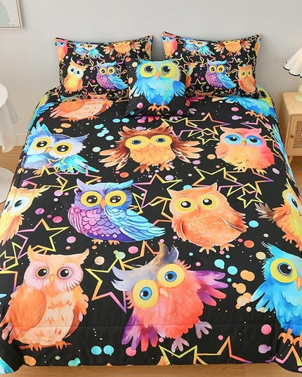 DORCAS Full Bedding Set with Comforter, Sheets for Kids, 6 Pieces, Owl, All Seasons, Unisex, Polyester, Machine Wash, Cute Owl Theme Design - LeafyLoom