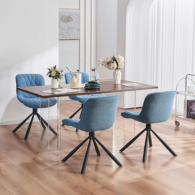 Mid Century Modern Dining Chairs Set of 2, Upholstered Dining Room Chairs with Sturdy Metal Legs, Boucle Armless Accent Side Chairs for Kitchen, Living Room, Lake Blue - LeafyLoom
