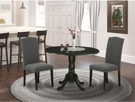 East West Furniture Dublin 3 Piece Modern Dining Set Contains a Round Wooden Table with Dropleaf and 2 Dark Gotham Linen Fabric Upholstered Chairs, 42x42 Inch, DLEN3-BLK-20 - LeafyLoom