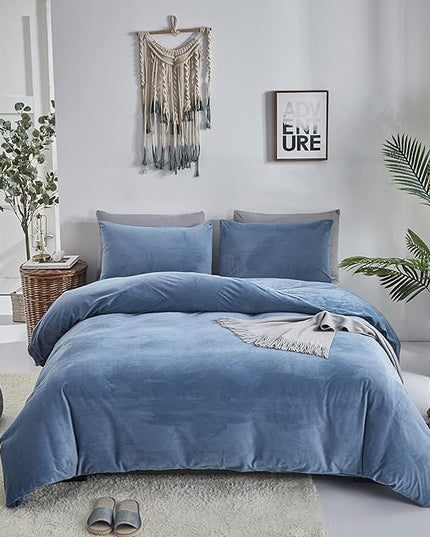 Wellboo Blue Velvet Bedding Comforter Sets California King Adults Men Solid Lake Blue Fluffy Comforters Cotton Women Plain Haze Blue Flannel Quilts Cal King Micromink Sherpa Blankets Aesthetic Bed - LeafyLoom